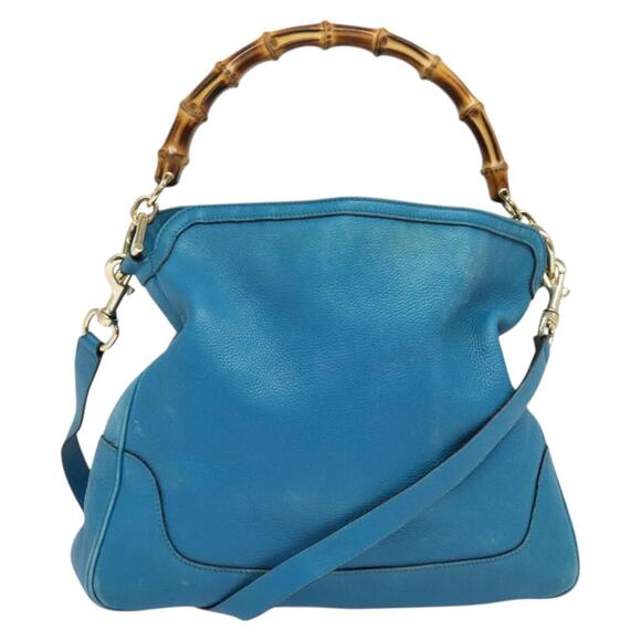 GUCCI Bamboo Hand Bag Leather Blue Gold - Picture 1 of 16